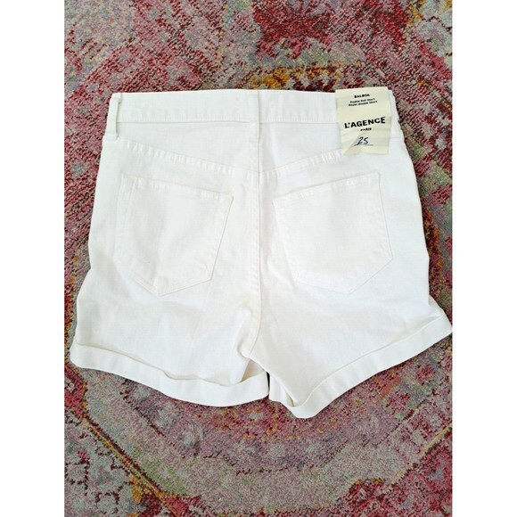 New! L'AGENCE White Balboa Distressed Cuffed Denim Jean Shorts 25 Ripped Stretch - Picture 7 of 10